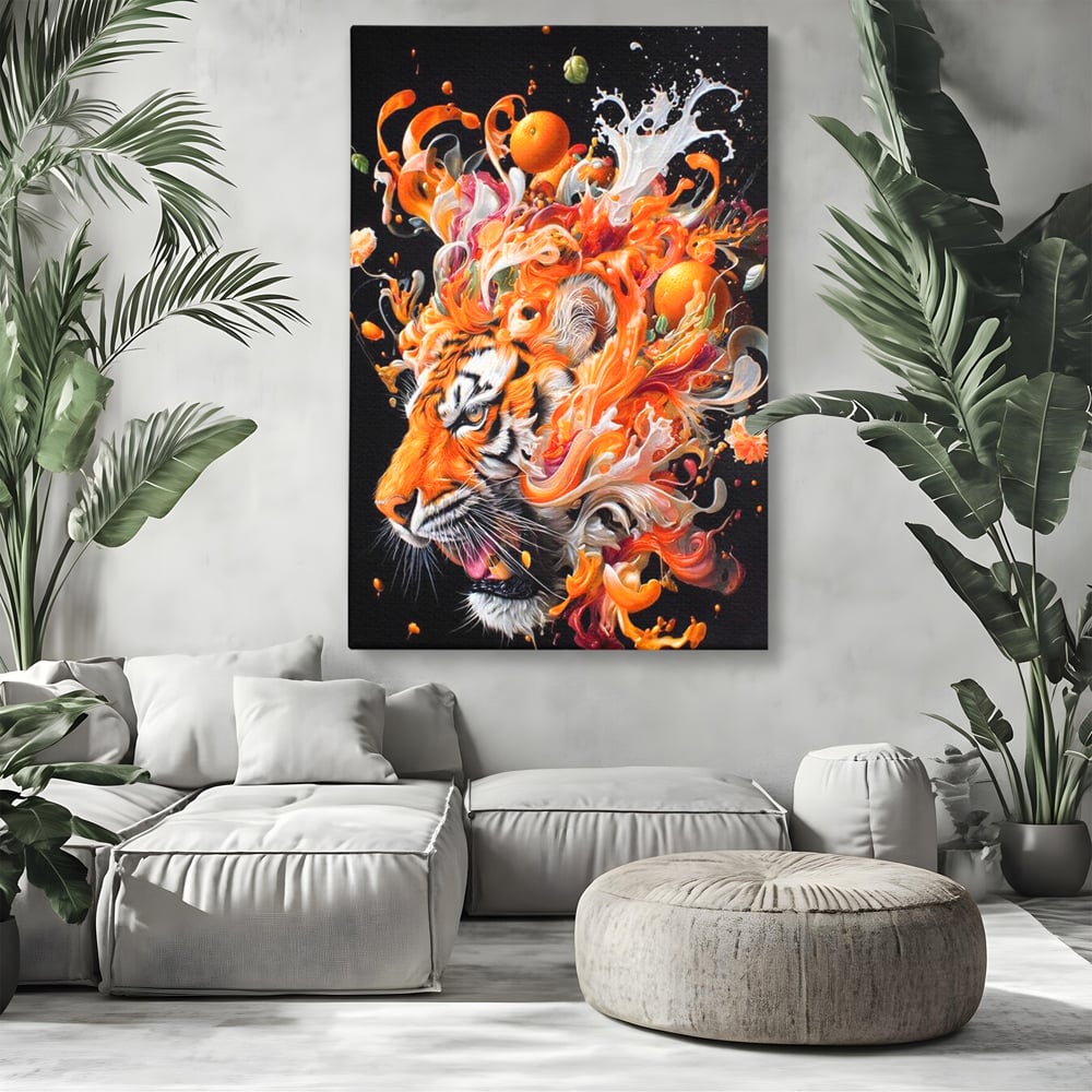 Tablou canvas cu tablou canvas cu cap de tigru si portocale, fara rama, pe sasiu de lemn, pe perete intr-un living